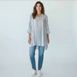 CP Shades Tunic Women's Linen White & Blue Striped Button Front Hi Low Sz Small